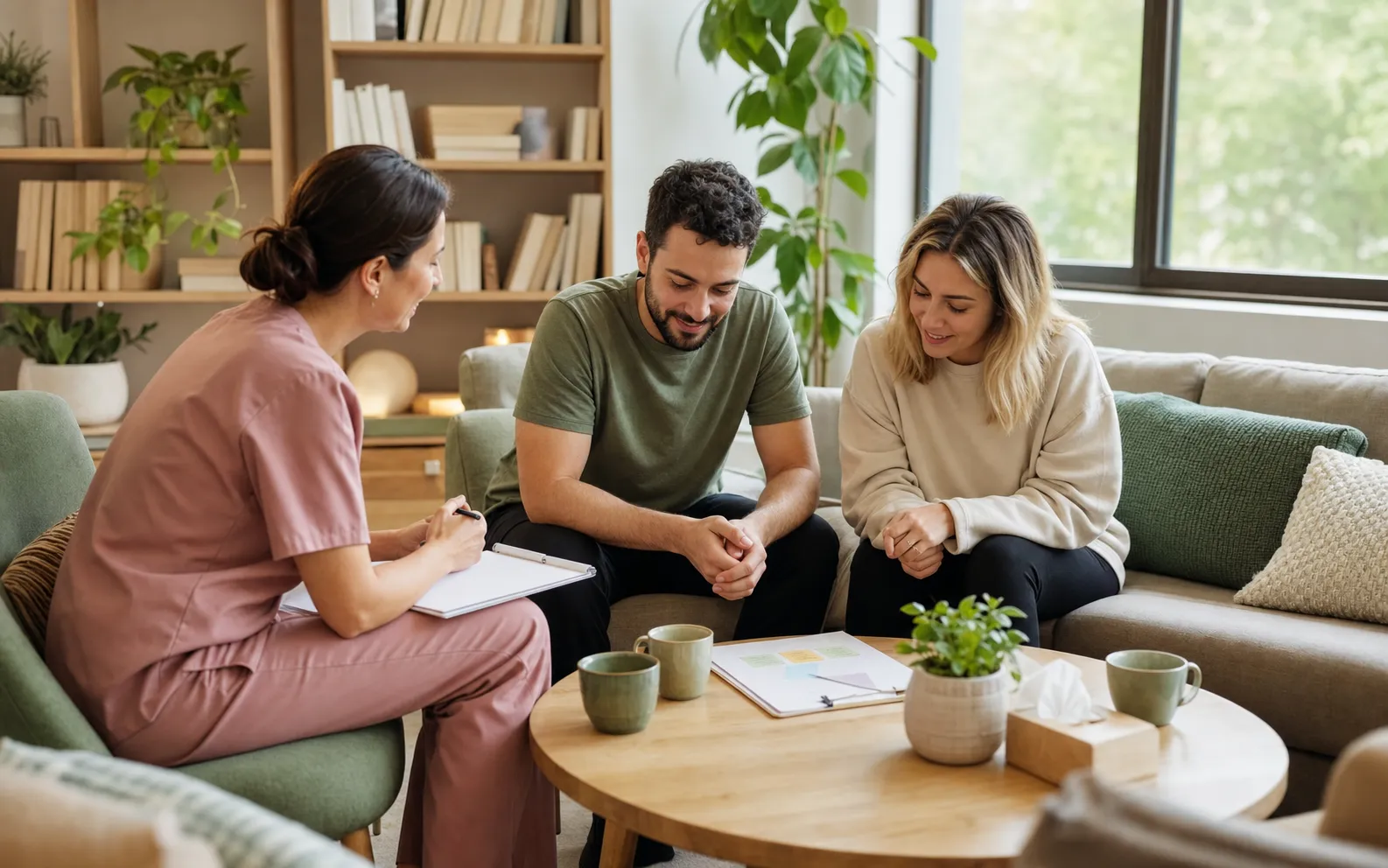 Психолог беседует с пациентами в реабилитационном центре